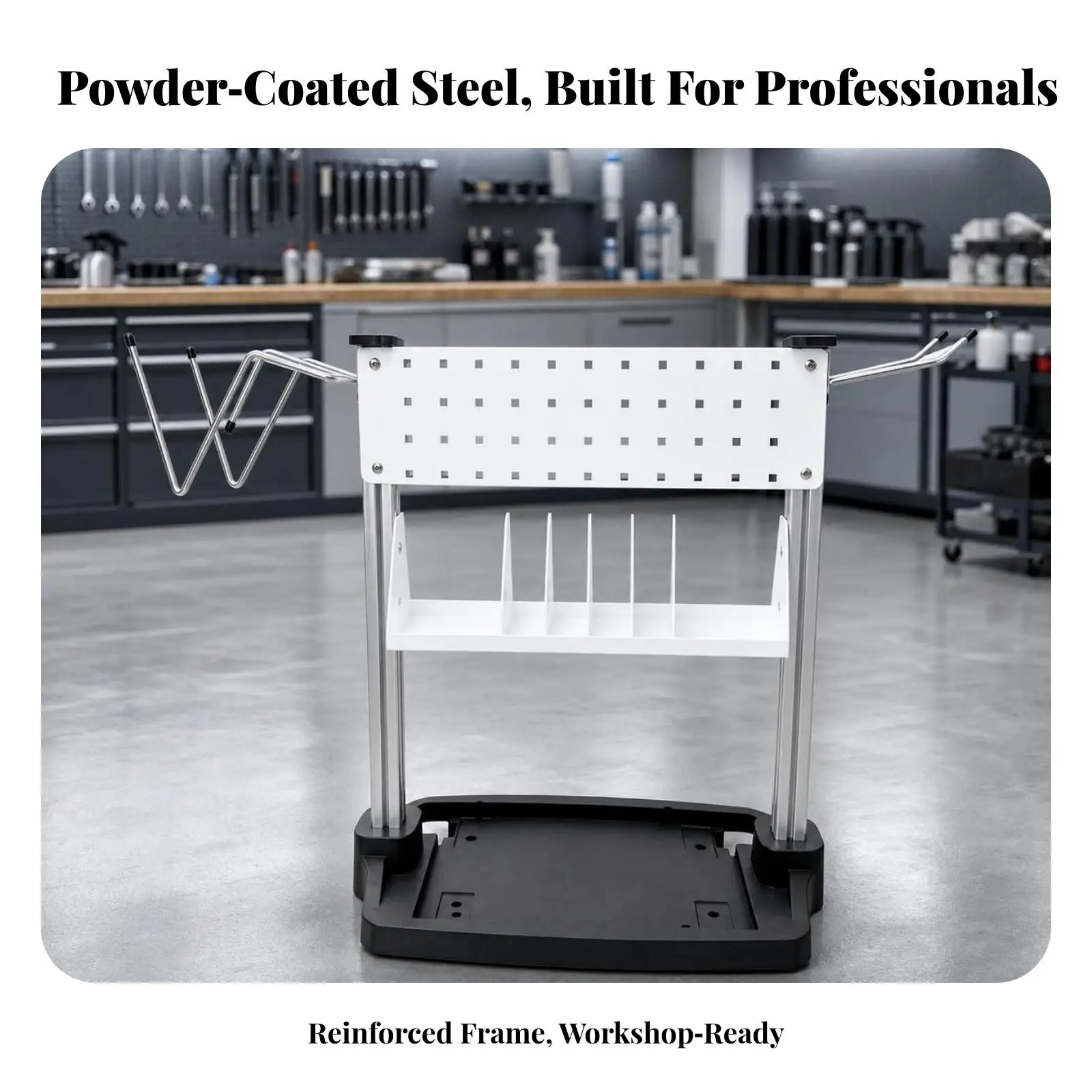 Removable Tool Shelf Work Stand for Dust Collector with Hanging Rods and Middle Divider Bin Workshop Bench Organizer