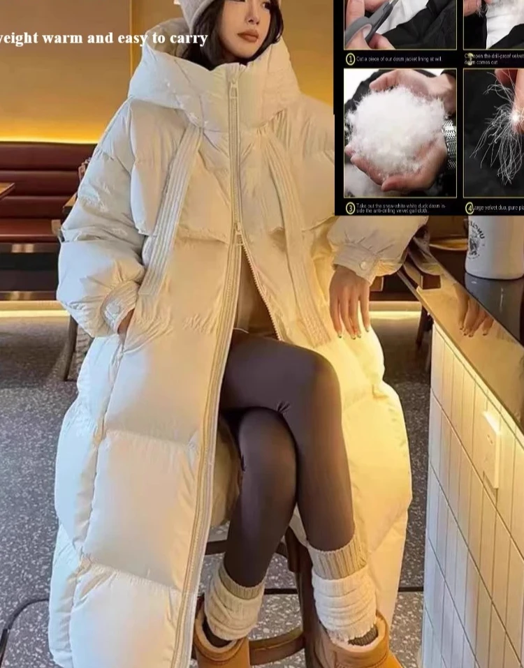 Fashions Long Women's Winter Loose Hooded Coats Thicken Warm White Duck Down Jacket High-end Parkas Light Outwear