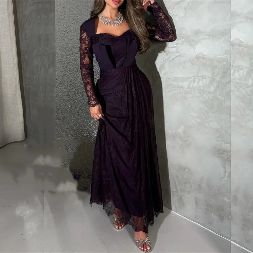 

Customized Pleat Lace Chic Square Neck Violet A-line Long Dresses Bespoke Occasion High Quality Elegant Party Formal Evening