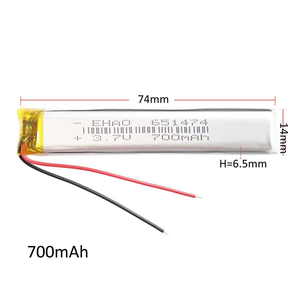 3.7V 700mAh Lithium polymer Long Strip Lipo Rechargeable Battery 651474 For Light bar Bike Bluetooth LED Light Massager Speaker