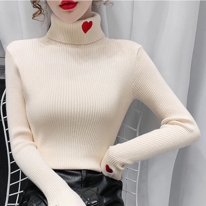 Turtleneck Sweater For Women Fall Winter Korean Love Embroided Knitwear Jumper Long Sleeve Knit Pullover Tops Soft Slim Poleras