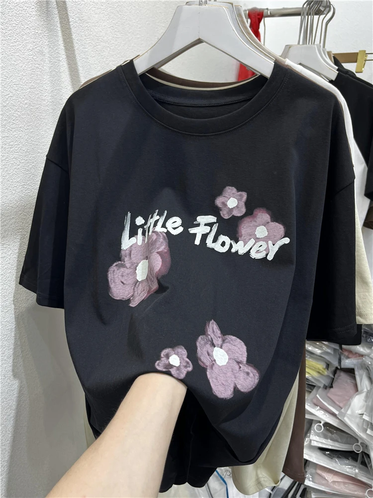 Plus maat 300 Pou Koreaanse Sle Floral Letter Snowflake Cotton Print of Sve T-irt Dames Zomer losse afslanktop