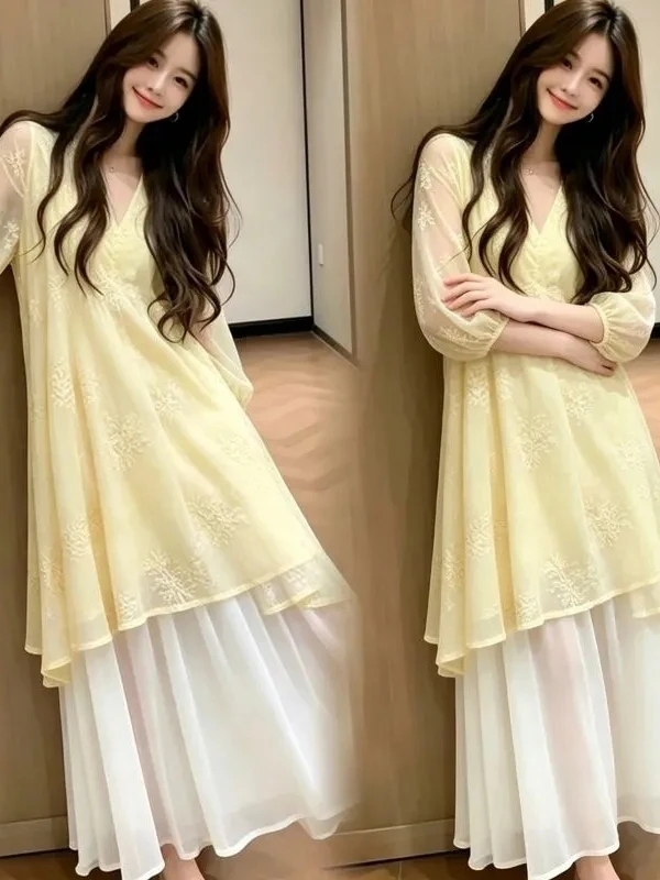 Summer New Style Small Size Gentle Age-Reducing Korean Version Dress Two-Piece Set Big Size Cover-Up V-Neck Long Sleeve Gown