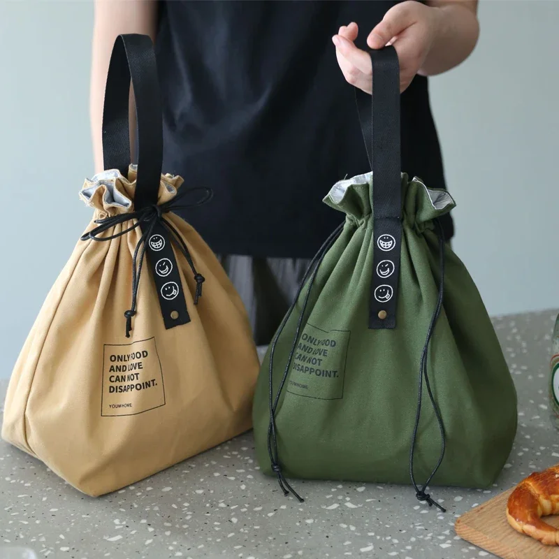 Japan Stijl Lunchtas Canvas Trekkoord Isolatie Koude Opslag Grote Capaciteit Camping Student Office Werknemer Lunchtas