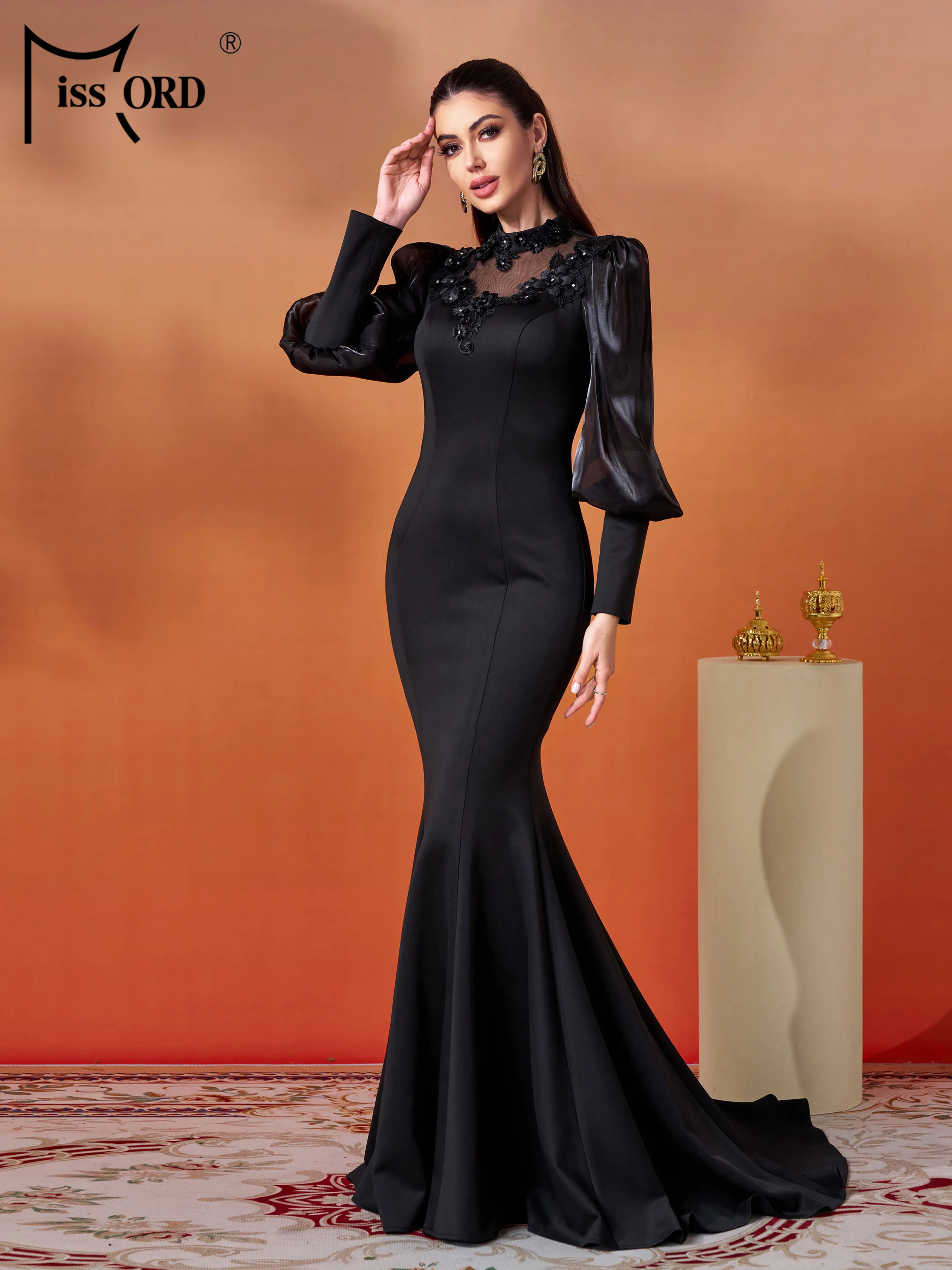 Missord New Round Neck Lantern Sleeves Black Mermaid Evening Wedding Birthday Party Formal Occasion Floor Length Prom Dresses