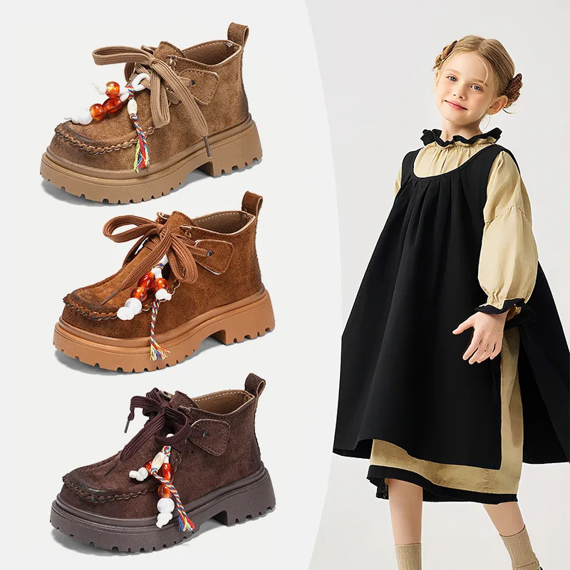 

Детские модные ботинки на толстой подошве, новые ботинки из искусственной замши для девочек на шнуровке для мальчиков, осенне-зимняя обувь, размер 26-36