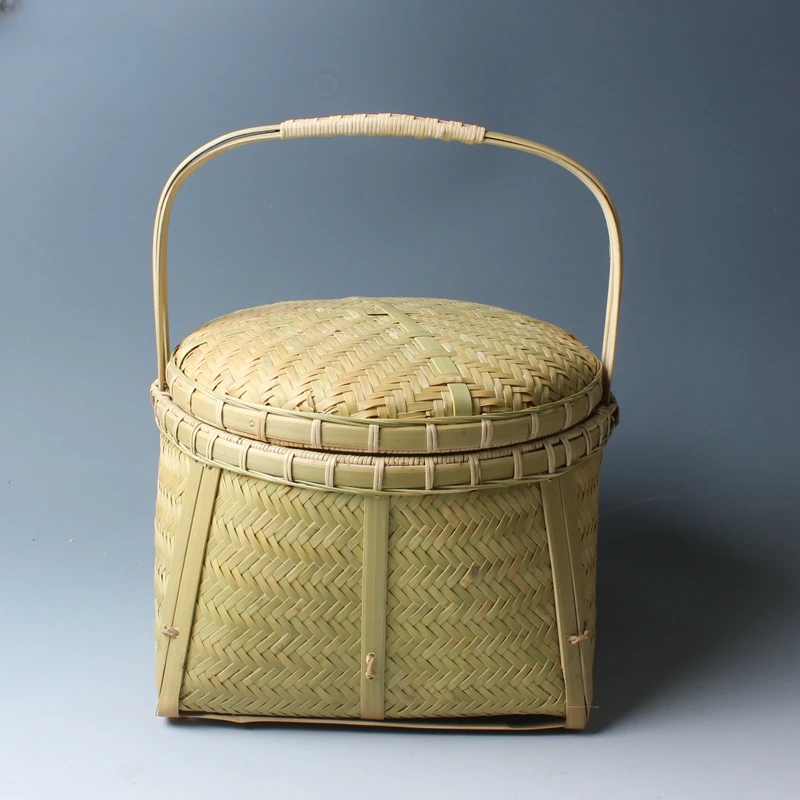 Storage Basket Handmade Fine Woven Bamboo Vintage With Lid and Handle Food Container Pu'er Tea Cake Gift Box Crafts Simple Style