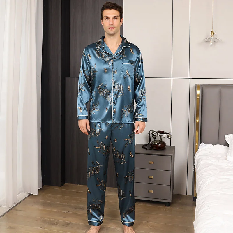 Men's pajamas long sleeves summer ice beautiful home clothes men's spring and autumn casual thin cardigan can wear out two suits