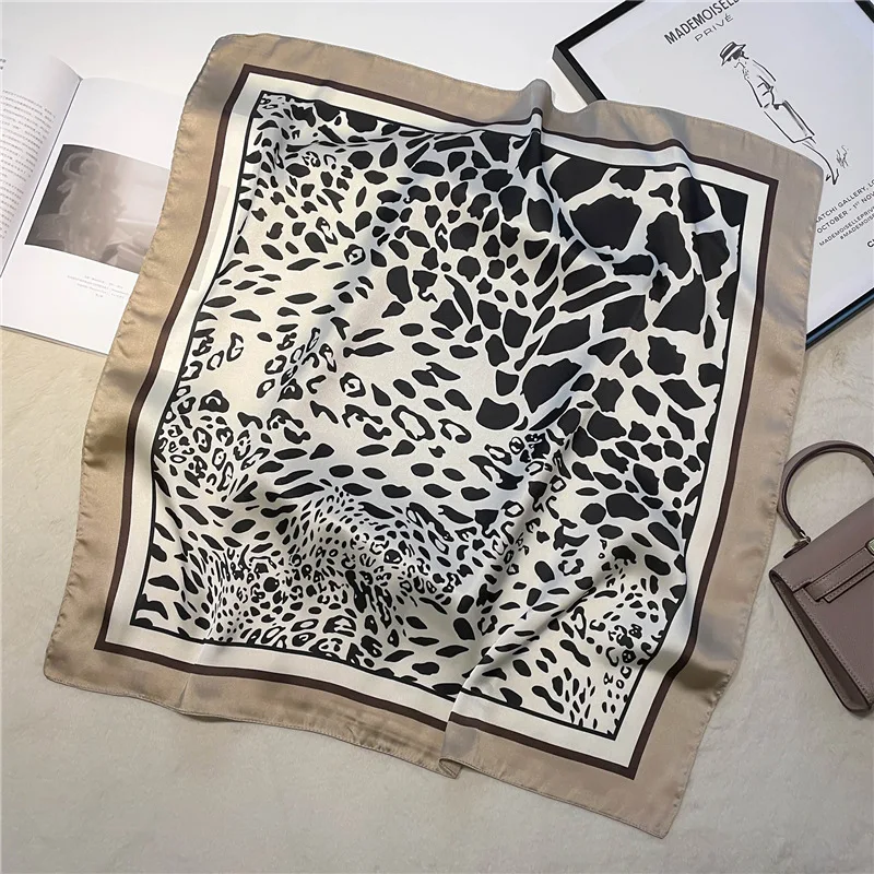 Luxury Brand Leopard Print Women Imitation Silk Scarf Square Women Neck Scarves Headkerchief Beach Hair Band Women\'s Bandana