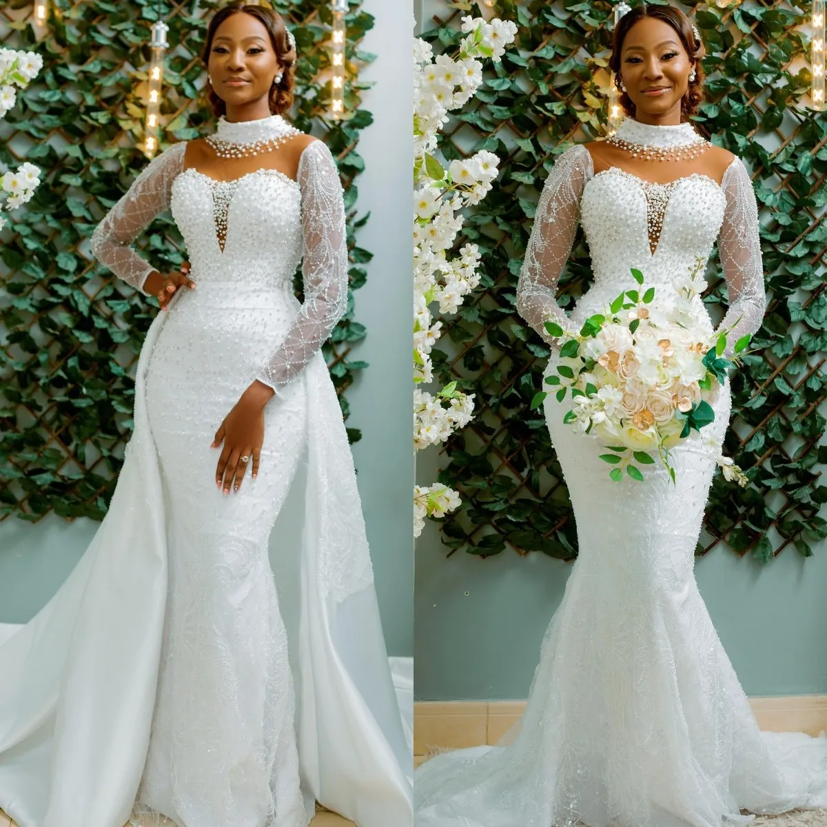 Customized Heavy Pearls Beading Mermaid Wedding Dresses With Detachable Train Lace Appliques Beaded Full Sleeves Bridal Gown