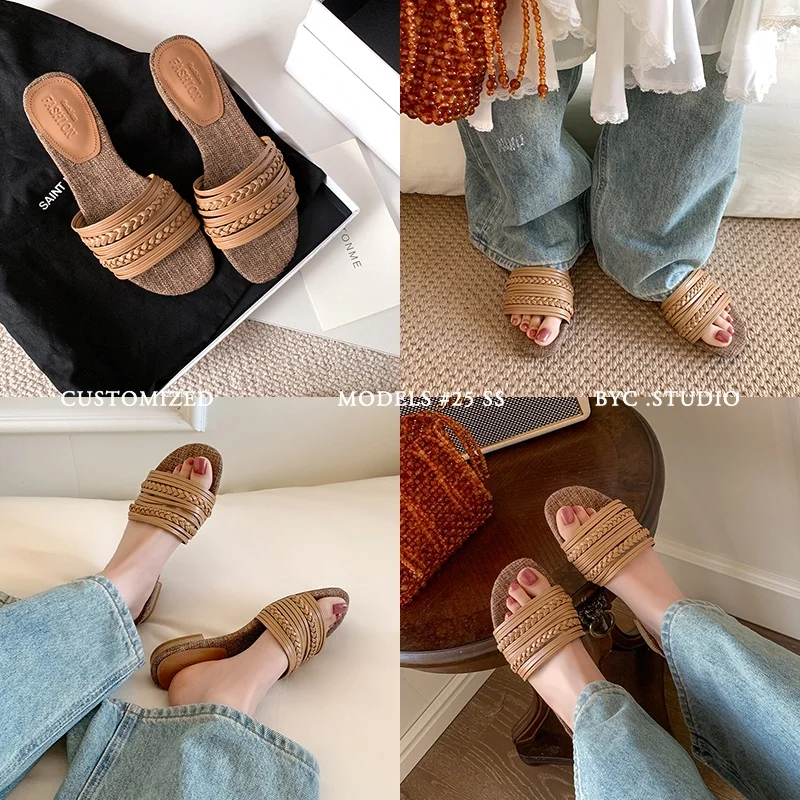 2026new summer women sandals natural leather 22-24.5cm microfiber strip weaving+sheepskin mules low heel women slippers fashion