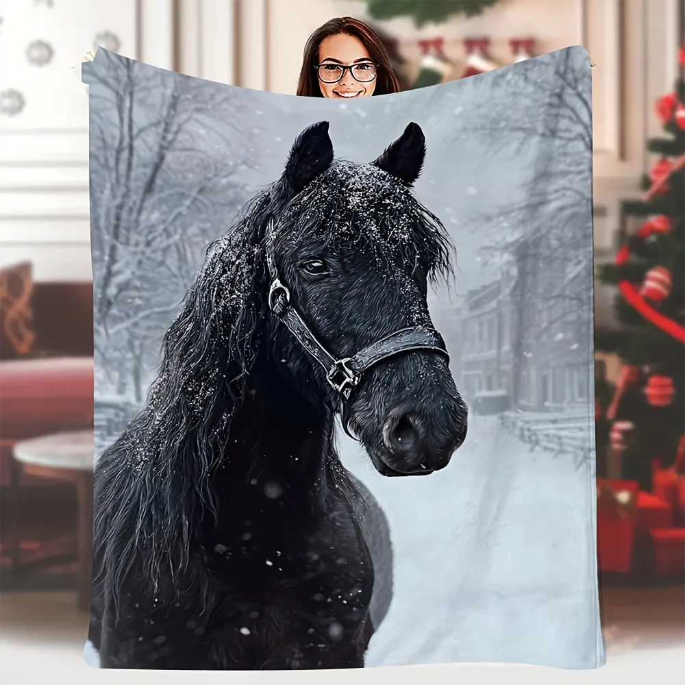 Winter Horse Portrait Blanket Cozy Fleece Throw for Living Room Home Decor Equestrian Animal Lover Gift Blanket