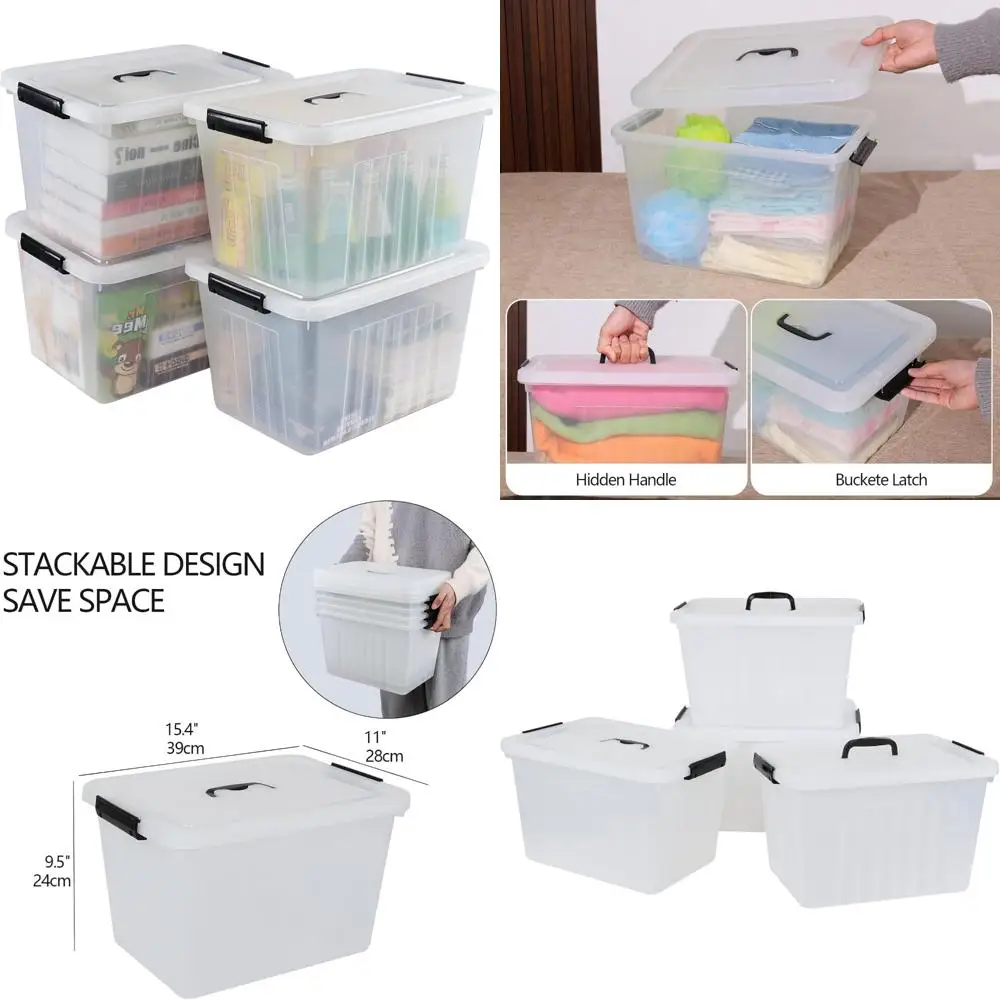 

4-Pack Clear Latching Storage Boxes with Handles and Lids, 18 Quart Capacity, Black