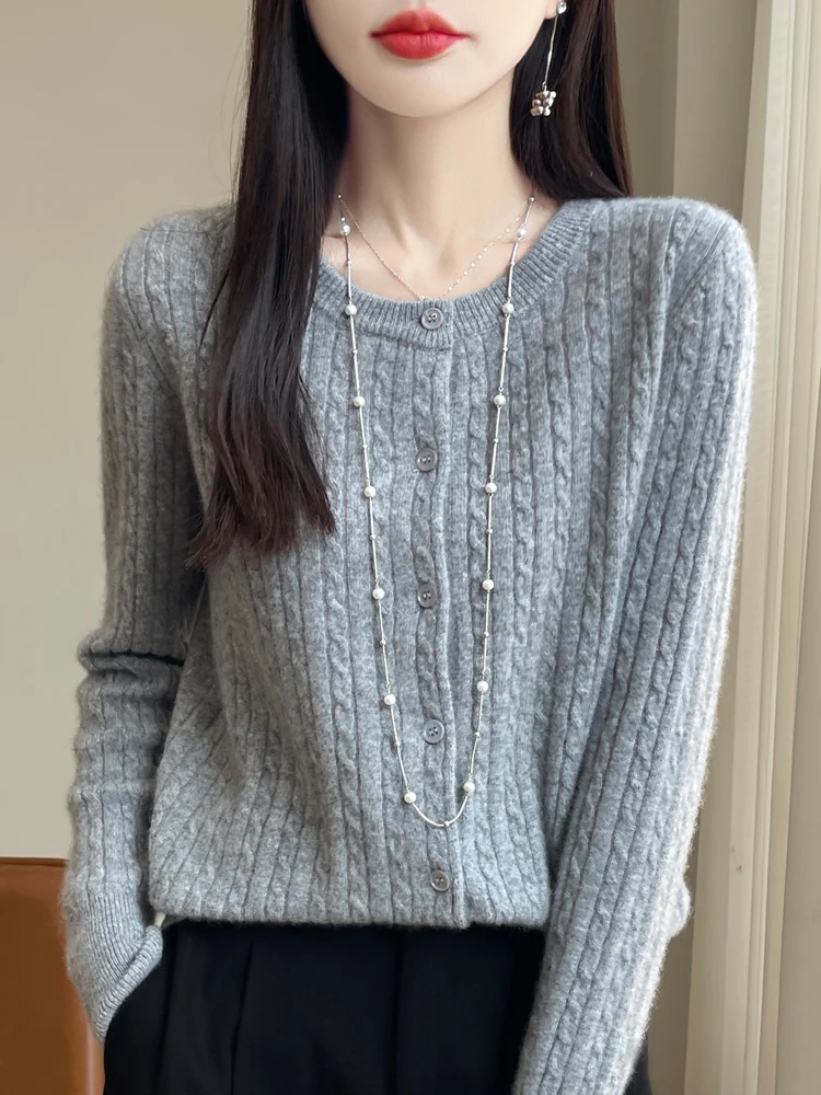 Autumn Winter New Twist Flower 100% Pure Wool Knit Cardigan Sweater Women's O-neck Loose Basic Long Sleeve Simple Versatile Coat