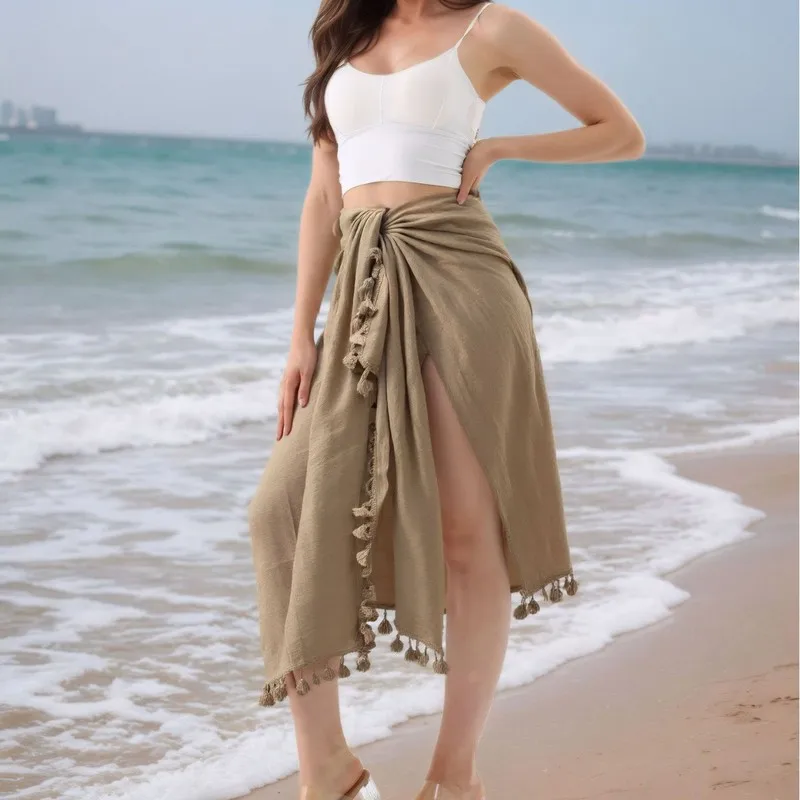 Lightweight Multi Purpose Beach Sarong Cover Up Flowy Sheer Wrap Skirt Swimsuit Bikini Waist Wrap with Fringe for Women Summer