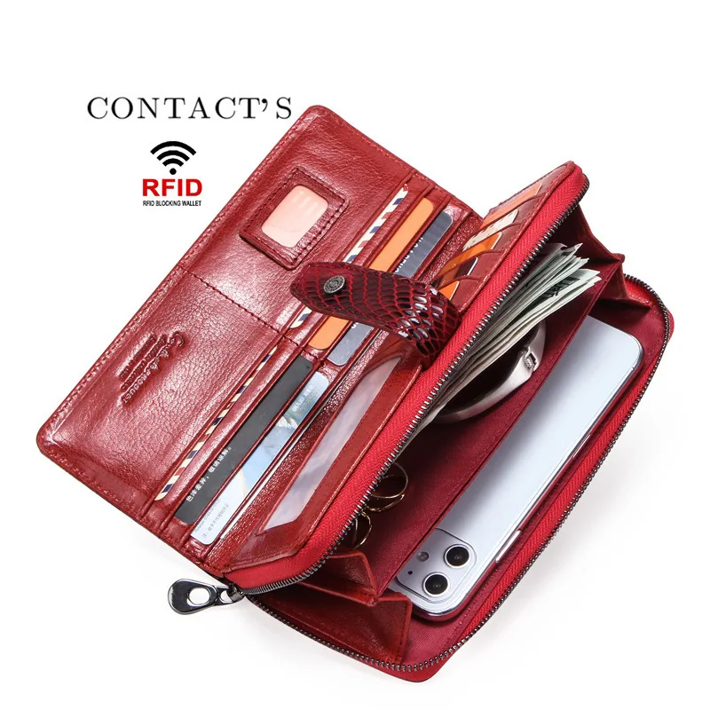 Fashion British Style Top Layer Cowhide Anti Theft Brush Leather Wallet Female Multi Functional Long Style Buckle Womens Handbag