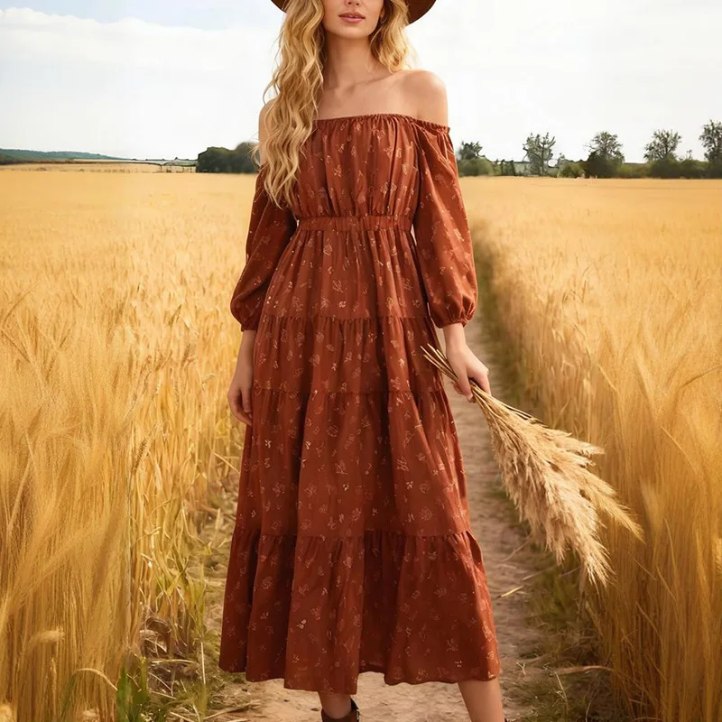 

European and American dress spring new women's printed shoulder exposed one collar long dress