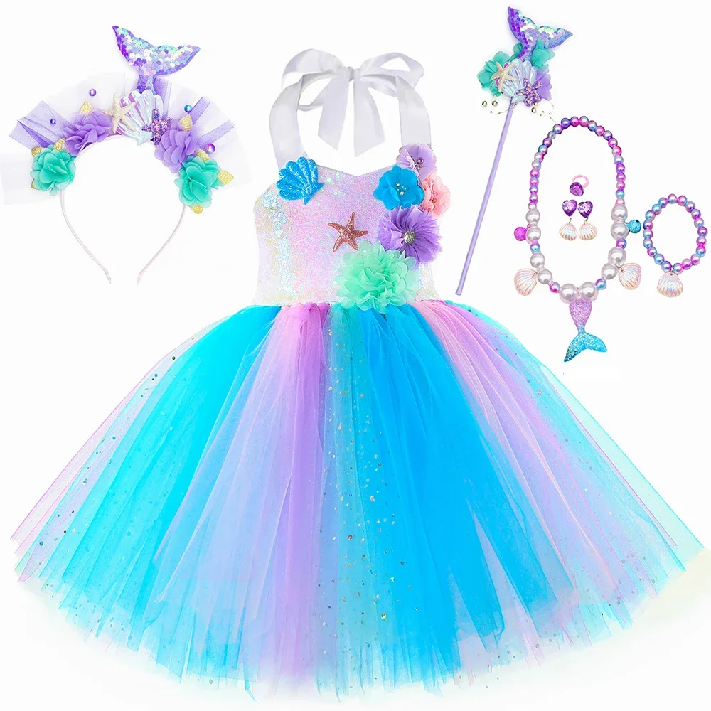 Sparkly Flower Mermaid Costume Girls Birthday Christmas Ballet Tutus Dress for Kids Seamaid Outfit with Fish Tail Bow Necklace