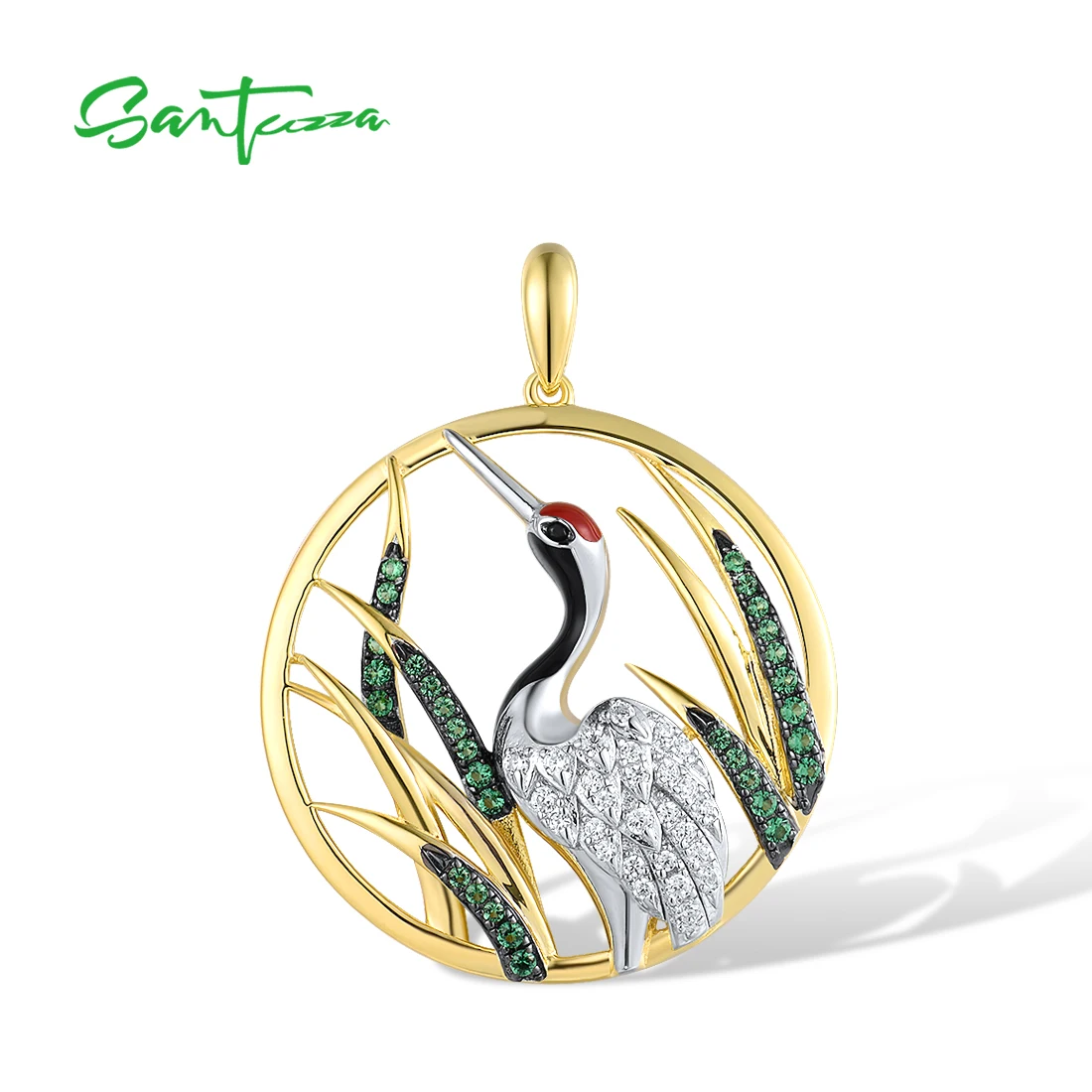 

SANTUZZA Pure 925 Sterling Silver Pendant For Women Sparkling White CZ Green Spinel Red-Crowned Crane Fantastic Fine Jewelry