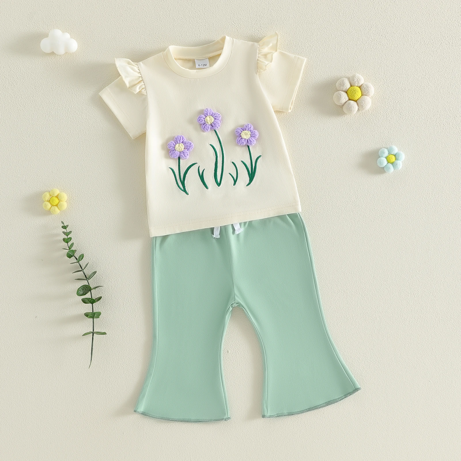 0-4Y Kids Girl Summer Outfits Flower Embroidery Short Sleeves T-Shirt Elastic Flare Pants Cute 2 Piece Children's Clothes