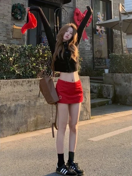 

Красная утягивающая юбка трапециевидной формы с высокой талией, женская модная осень 2023, новинка Sle, милая крутая модная облегающая юбка