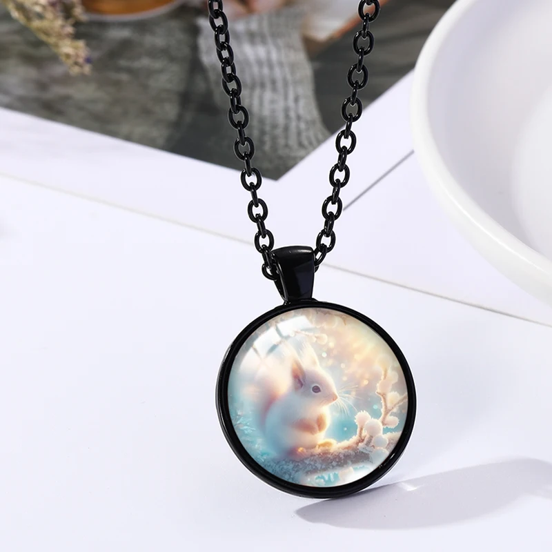 Dreaming Squirrel Winter Picture Glass Dome Round Black Pendant Handcraft Jewelry Necklace
