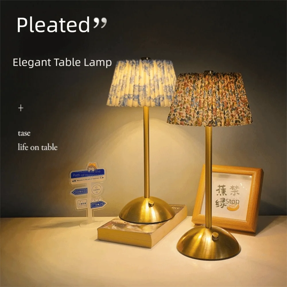 Metal Base Pleated Desk Lamp Fabric Shade Dimmable LED Night Light Pastoral Style USB Charging Bedside Ambient Light Bar