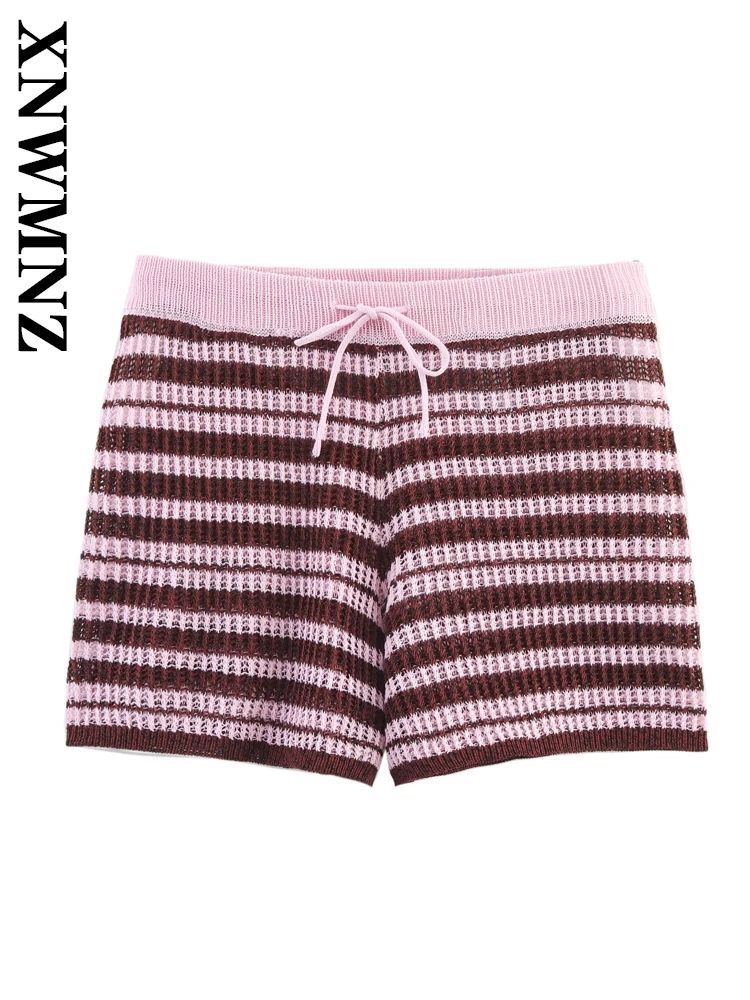 

XNWMNZ 2025 Summer New Woman Casual Lace Knitted Short Pants Bottoms Classic Lady High Waist Print Regular Fit Ruffles Striped