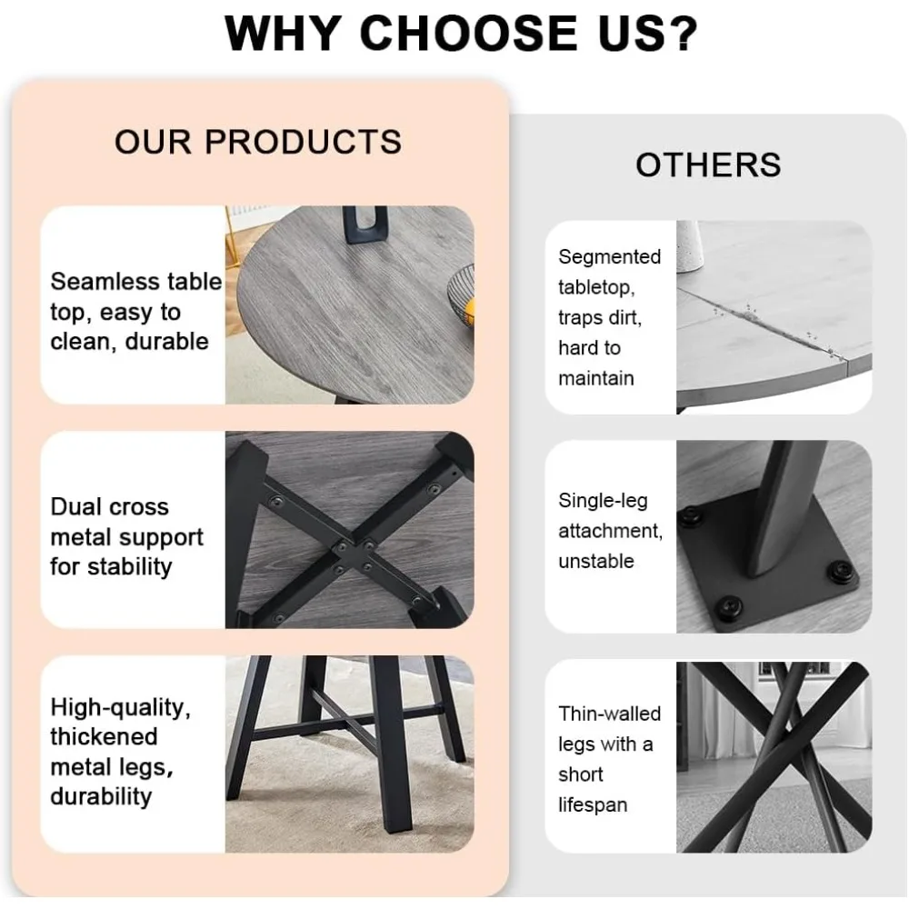 طقم طعام خشبي مستدير باللون الرمادي مقاس 42 بوصة مع كراسي قماش تتسع لـ 4 أشخاص #4