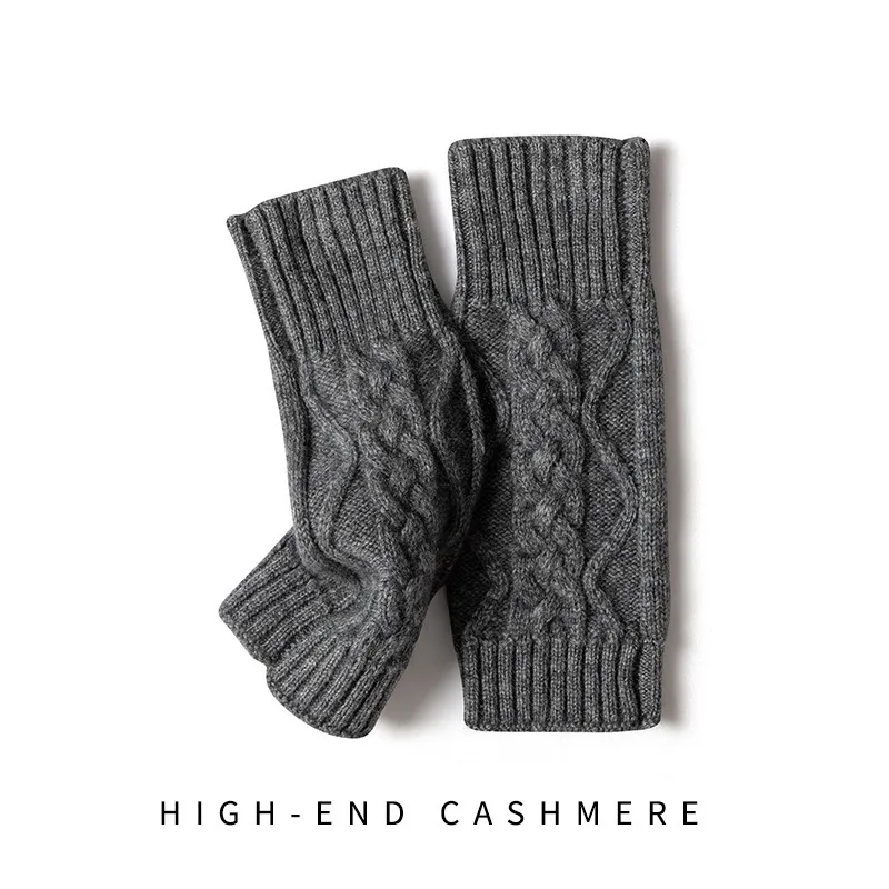 100% Real Cashmere Autumn Winter Thick Cable Gloves Mitten Fingerless Warm Wrist Length Thumb Hole Mitts Classic Female Elegant