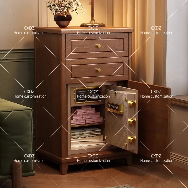 Solid Wood Bedside Table with Integrated Hidden Safe Fingerprint Password Lock Anti Theft Small Locker for Home Bedroom
