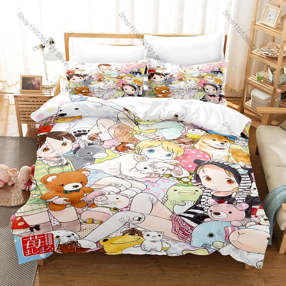 Ichigo Mashimaro Bedding Set Duvet Cover + 2 Pillowcases Cute Strawberry Marshmallow Slice of Life Anime Bedroom Decor