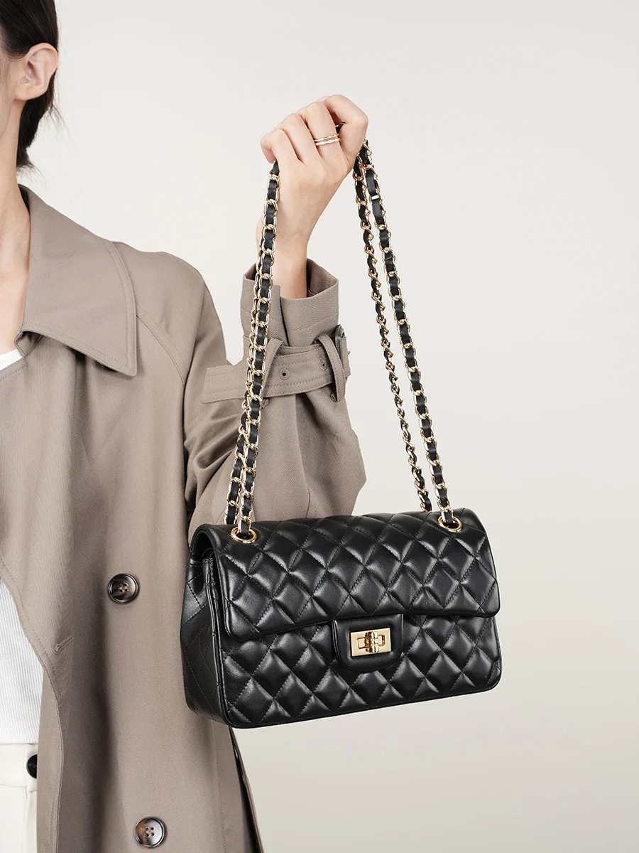 Mevvi Top-grain Cowhide Classic Quilted Chain Bag for Women Gold Lock Flap Shoulder Purse Glossy Leather Crossbody Handbag