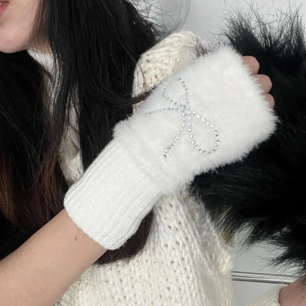 Fashion Bow Gloves Hotfix Rhinestone Solid Color Knitted Gloves Fingerless Korean Style Half Finger Mittens Cycling