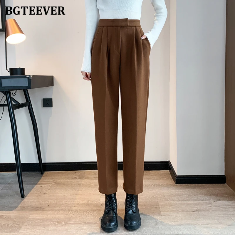 

BGTEEVER Stylish High Waist Female Woolen Pants Casual Pockets Warm Harem Pants Women Autumn Winter