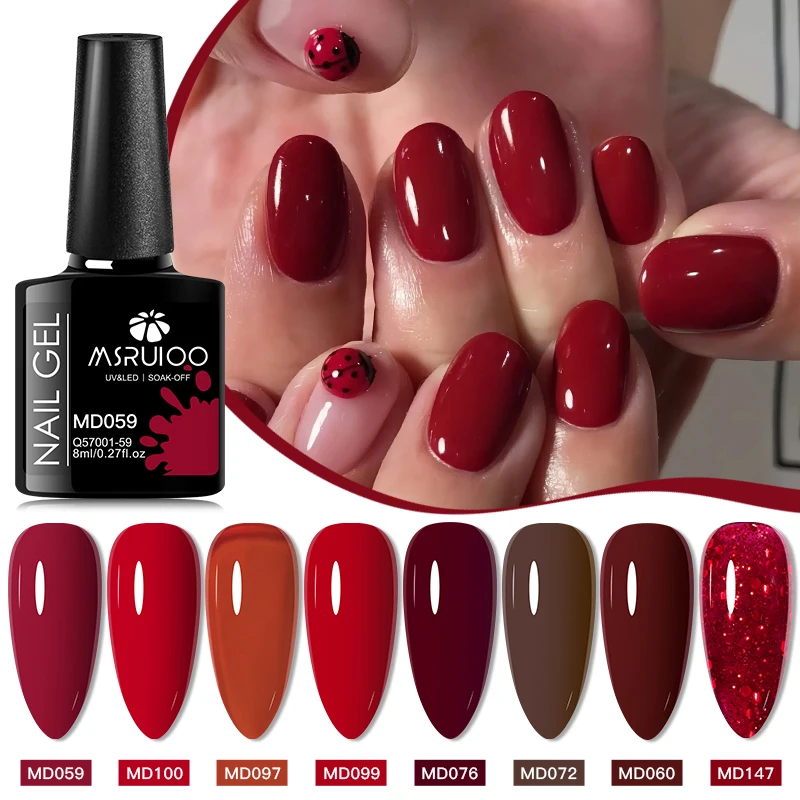 

MSRUIOO 8Pcs Red Series Gel Nail Polish Set 8ml True Red Wine Red Cherry Red Color Soak Off Nail Art Gel Varnish Kit Manicure