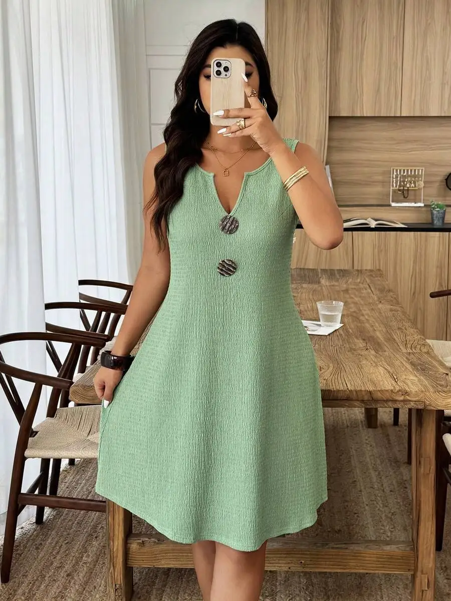 

Plus Size Women Casual V-Neck Sleeveless Loose A-Line Textured Knit Mini Dress Spring Summer