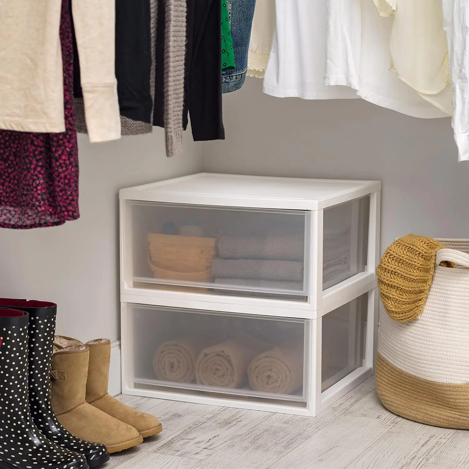 Extra-Large Stackable Storage Drawer with Clear Doors for Pantry Closet Kitchen De-Clutter Shoes Crafts White 2-Pack
