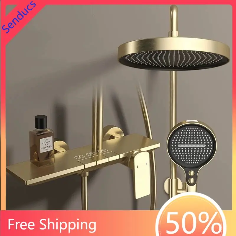 Newly Piano Bathroom Shower Set Quality Brass Hot Cold Bathroom Mixer Faucet Rain Shower Head Brushed Gold Piano Shower System