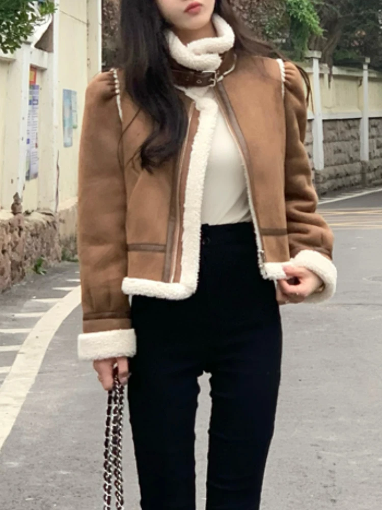 Autumn Korean Faux Fur Jacket Women Brown Patchwork Loose Biker Leather Coats Female 2022 Winter Warm Streetwear Fashion Jacket