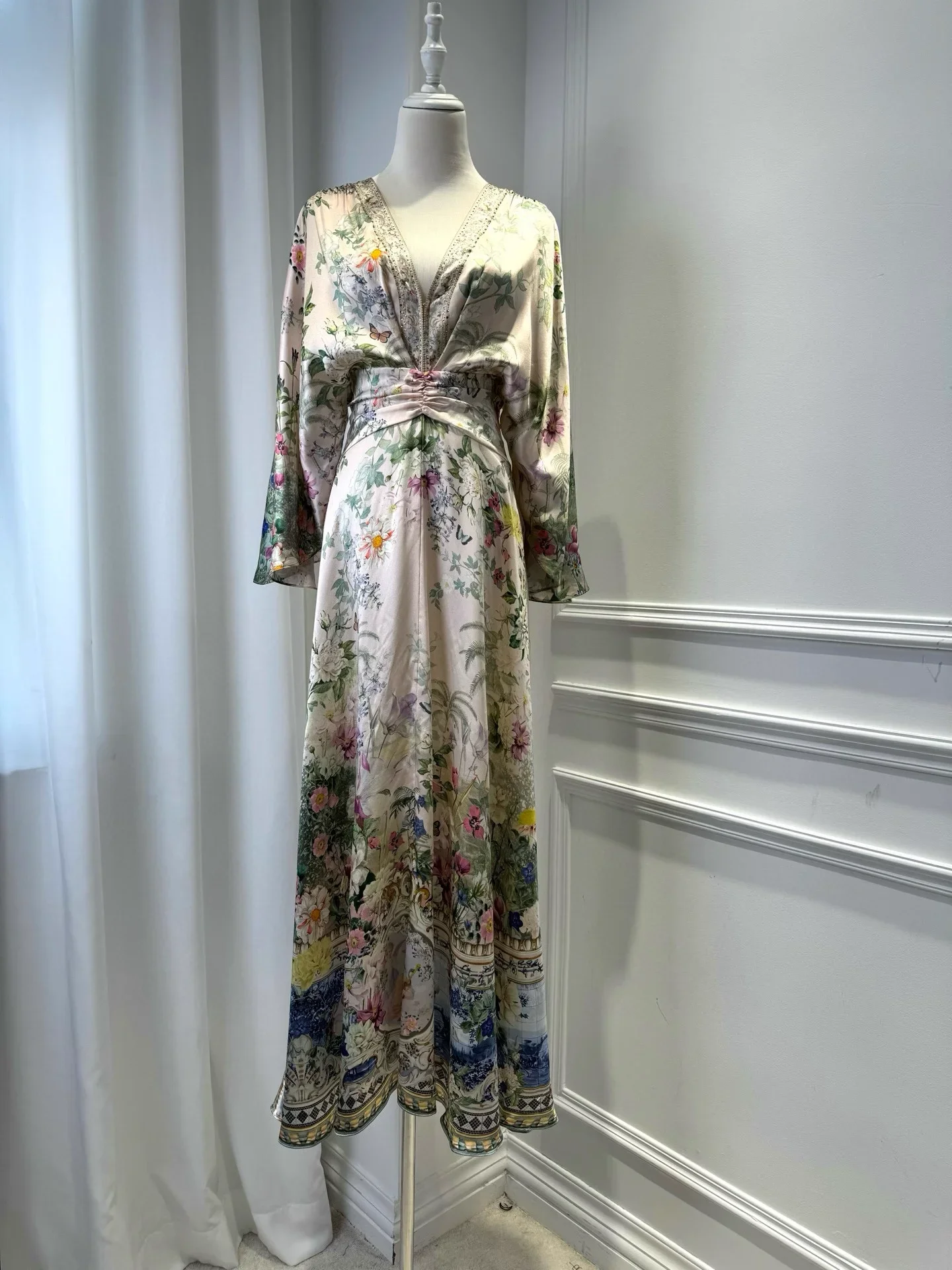 2025 New Women Pink Flower Print Maxi Dress High Waist Flare Sleeve V-Neck Holiday Ladies Silk Robe