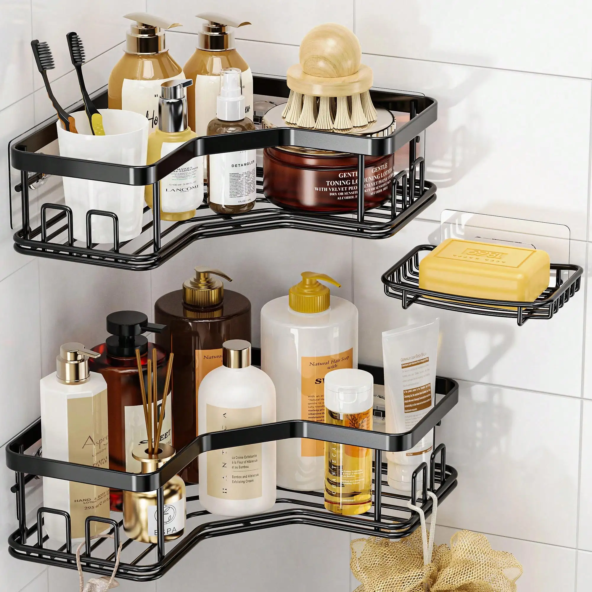 3‑Piece Rust‑Proof Stainless Steel Corner Shower Caddy, No‑Drill Large‑Capacity Bathroom Storage Rack with Toothbrush Holder, Wall Mount Organizer for Bathroom Storage & Home Decor, Christmas Bathroom Accessory