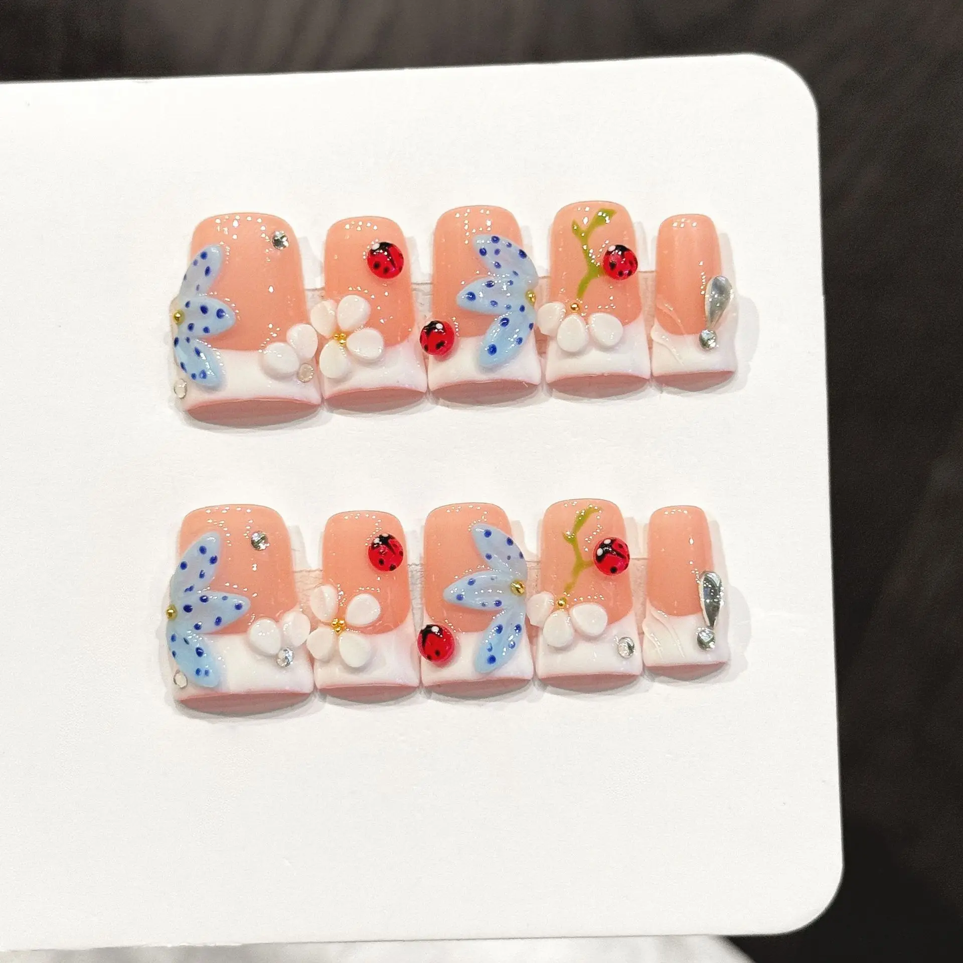 

10pcs Summer Sweet Press on Nails Cute Cartoon Fake Nails 3D Sculpted Flowers Nail Art Sweet Cool Duckbill French False Nails