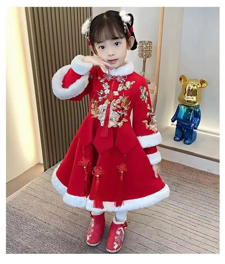 

New Girls Winter New Thick Qipao Hanfu Fairy Princess Kids Dress Performance Embroidery Chinese New Year Clothing Greeting Vesti