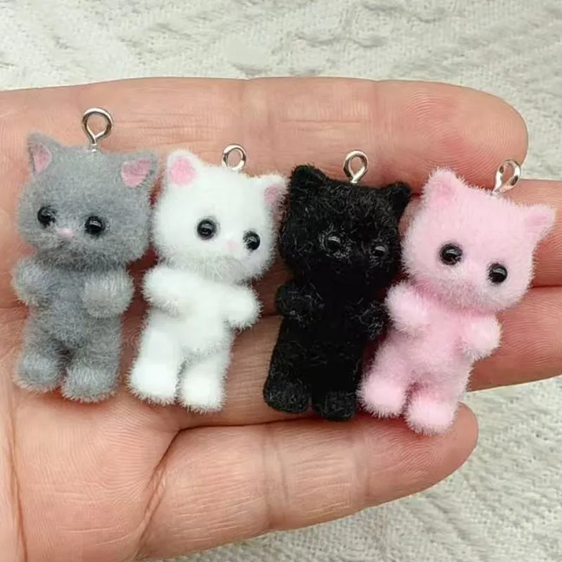 5pcs Cute Fluffy Flocking Cat Animal Charms Miniature Dolls Keychain Necklace Pendant DIY Crafts Jewelry Make