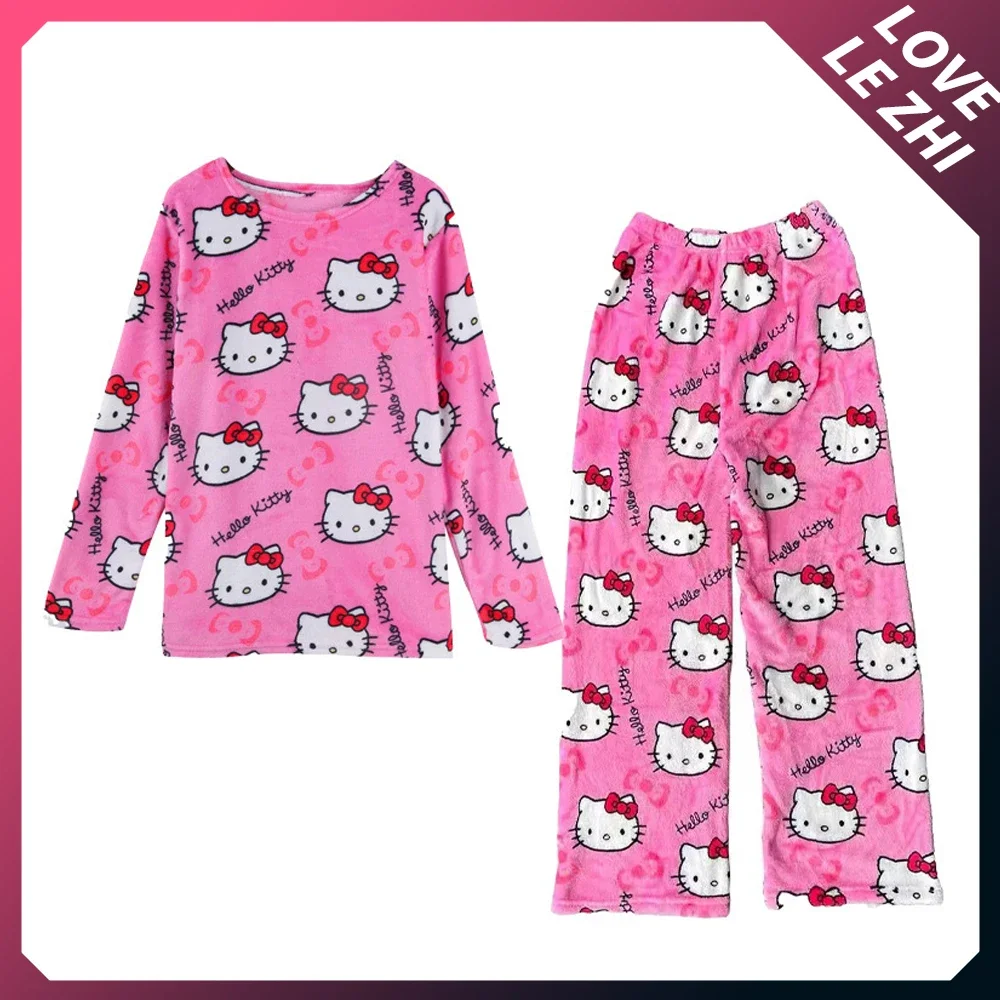 

2PCS Sanrioed Hello Kittys Kawaii Loungewear Set Loose Flannel Ladies Pajama Pants Girl Autumn Women Casual Cute Home Clothing