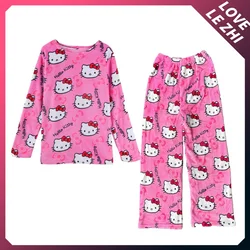 2PCS Sanrioed Hello Kittys Kawaii Loungewear Set Loose Flannel Ladies Pajama Pants Girl Autumn Women Casual Cute Home Clothing