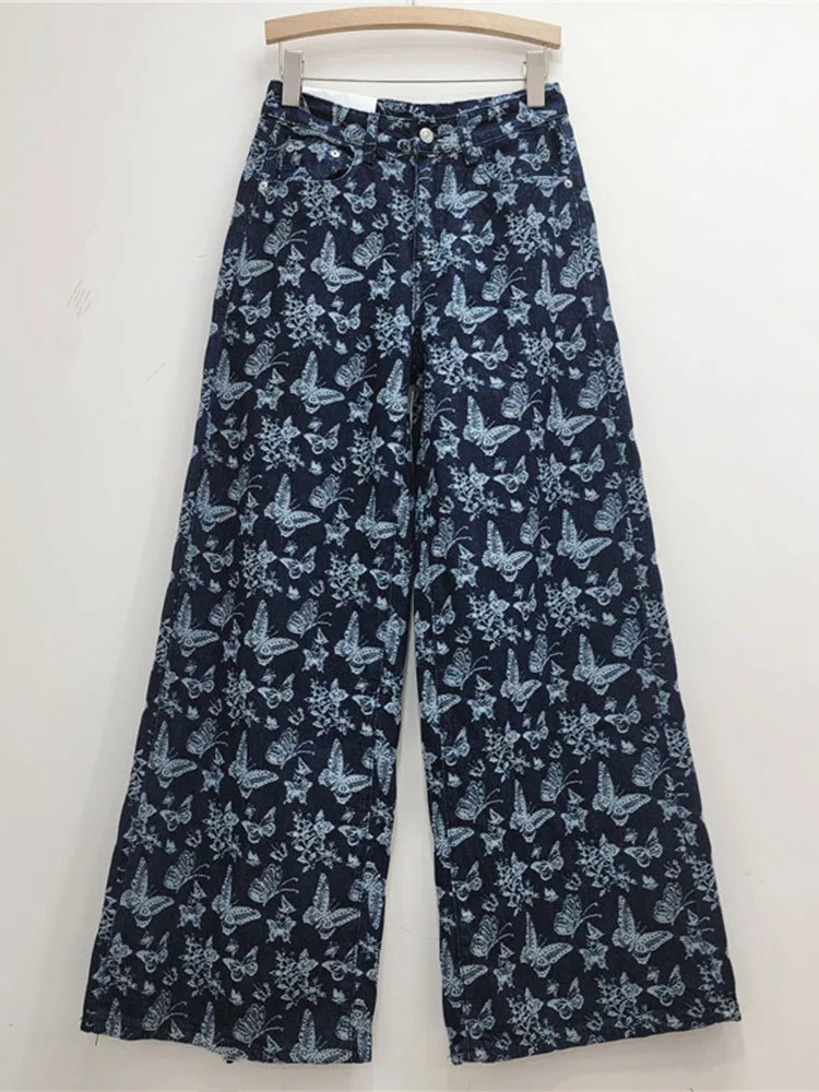 DEAT New Trendy women's Blue Bows Design pantaloni Casual 2024 autunno moda vita alta pantaloni dritti a gamba larga donna 33 a2037