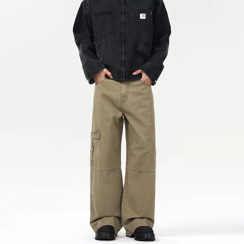 Khaki Pants For Men Pure Straight Leg Loosen Fit Baggy Cotton Pants Male's Fashion Cargo Trousers