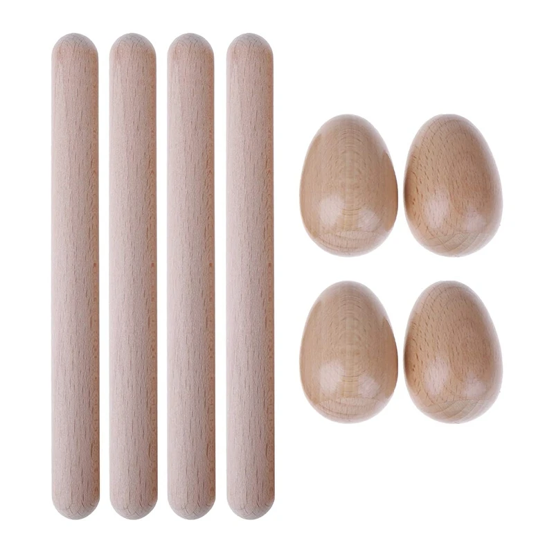 8 Pcs Children's Music Percussion Including 4 Wooden Egg Rattles and 4 Music Rhythm Sticks, Children's Musical Toy Gift